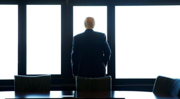 Republican U.S. presidential nominee Donald Trump looks out at Lake Michigan during a visit to the Milwaukee County War Memorial Center in Milwaukee, Wisconsin