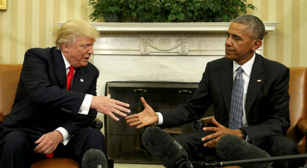 U.S. President Barack Obama meets with President-elect Donald Trump in the Oval Office of the White House.