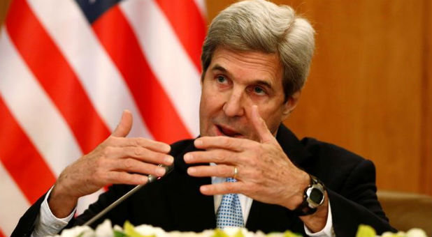 U.S. Secretary of State John Kerry gestures during a news conference in Riyadh, Saudi Arabia