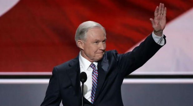 U.S. Senator Jeff Sessions (R-AL) waves to the crowd as he speaks at the Republican National Convention in Cleveland, Ohio
