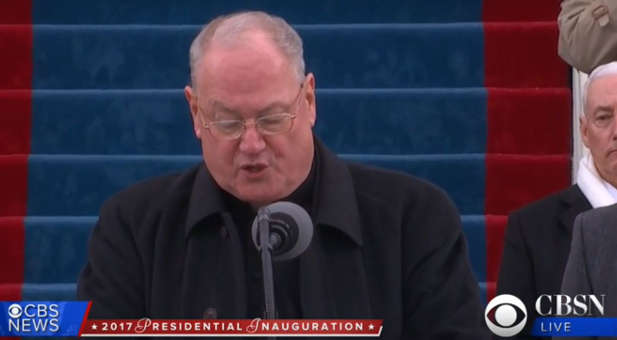 Cardinal Timothy Michael Dolan delivers a prayer of King Solomon during Donald Trump's inauguration Friday.