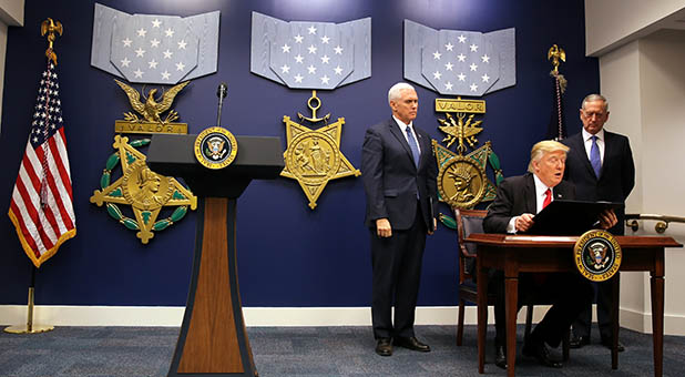 President Donald Trump, Vice President Mike Pence, and Secretary of Defense James Mattis