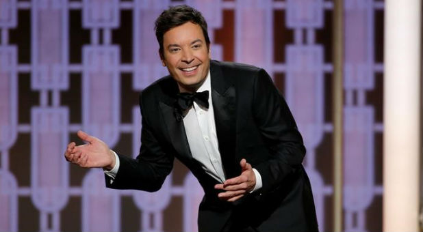 Host Jimmy Fallon presents during the 74th Annual Golden Globe Awards show in Beverly Hills