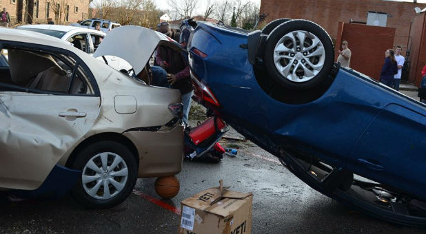Tornadoes flung these cars into each other at William Carey University in Mississippi.
