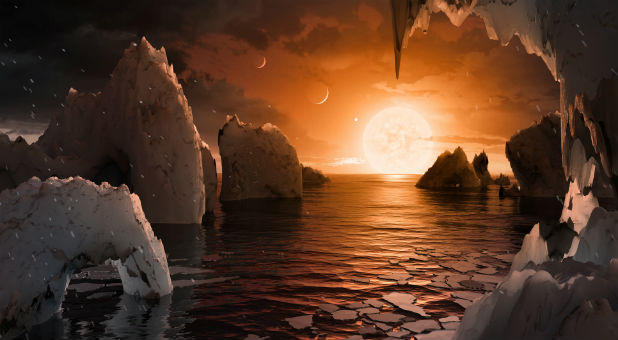 An artist's depiction shows the possible surface of TRAPPIST-1f, on one of seven newly discovered planets in the TRAPPIST-1 system that scientists using the Spitzer Space Telescope and ground based telescopes have discovered according to NASA, in this illustration released February 22, 2017.