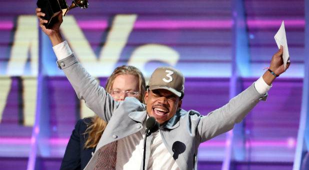 Chance the Rapper rejoices after his Grammy win.