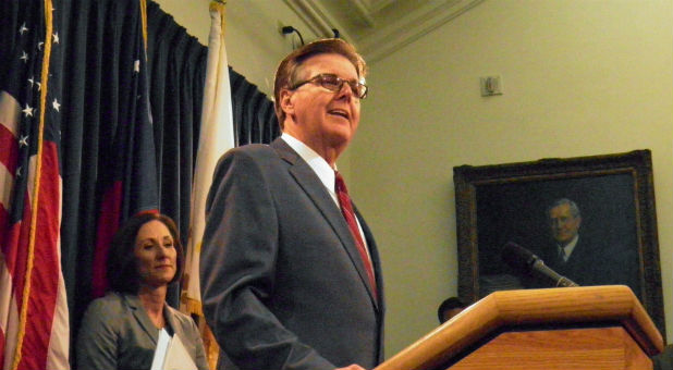 Texas Lieutenant Governor Dan Patrick speaks at a news conference on the introduction of a bill that would limit access to bathrooms and other facilities for transgender people at the state capitol in Austin, Texas