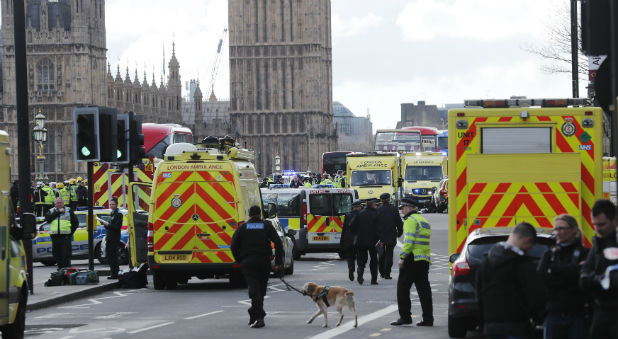 Emergency services respond after an incident on Westminster Bridge in London, March 22, 2017.
