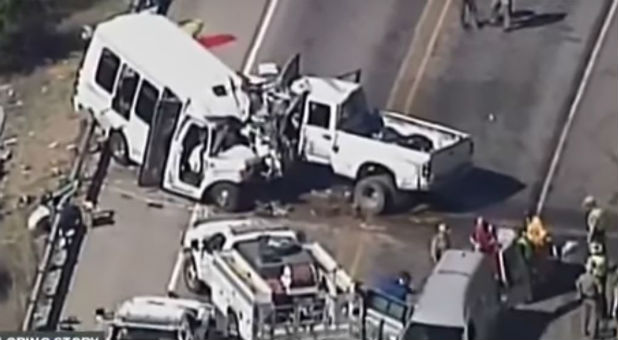 Thirteen were killed when a church van collided with an oncoming vehicle.