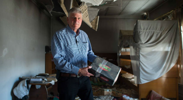 Franklin Graham found an Operation Christmas Child shoebox amid the rubble.