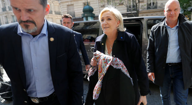 Marine Le Pen, French National Front (FN) political party leader and candidate for French 2017 presidential election, arrives at her campaign headquarters in Paris