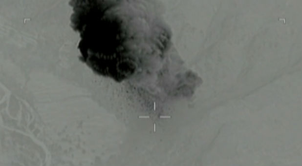 Still image taken from a video released by the U.S. Department of Defense on April 14, 2017, shows the moment after a MOAB, or