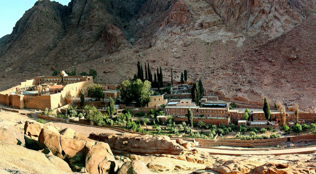 General view of the Saint Catherine's monastery (far left) with its living and tourist facility in the Sinai peninsula of Egypt