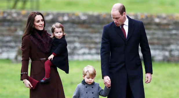 Prince William, the Duke of Cambridge (R), his wife Catherine, The Duchess of Cambridge (L), Prince George (2nd R) and Princess Charlotte arrive to attend the morning Christmas Day service at St Mark's Church in Englefield, near Bucklebury in southern England, Britain
