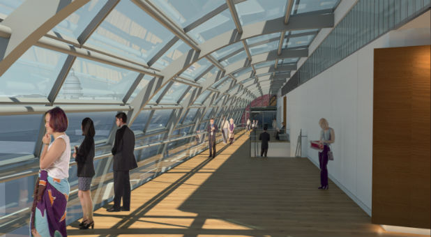 Interior rendering of the sixth-floor walkway. Located just three blocks from the U.S. Capitol, Museum of the Bible's sixth floor will include a rooftop biblical garden, viewing gallery, ballroom, restaurant and members' lounge.