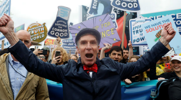 Bill Nye leads demonstrators on a march to the U.S. Capitol during the March for Science in Washington, D.C., April 22, 2017.