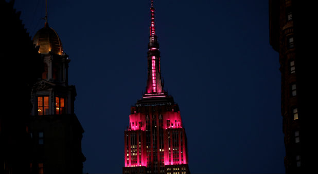 The Empire State Building is seen lit in pink for International Women's Day in Manhattan.