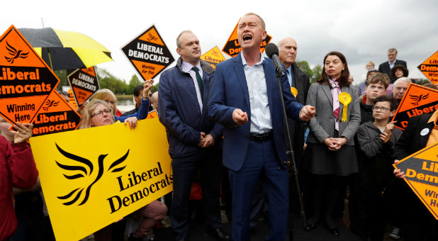 Leader of the Liberal Democrats Party, Tim Farron, makes a speech at the launch of the party's General Election campaign in Kingston-Upon-Thames, Britain
