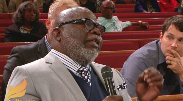Bishop T.D. Jakes asks a question at a panel on politics in the pulpit.