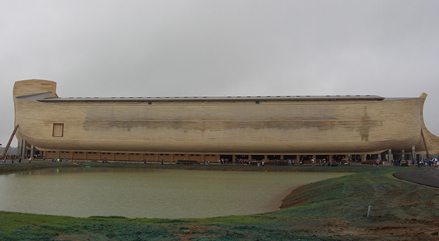 The full-scale Noah's Ark replica at the Ark Encounter during a preview of the park on July 5, 2016, in Williamstown, Ky. At 510 feet long, 85 feet wide and 51 feet high, based on the measurements in cubits found in the first few chapters of Genesis, the ark is the largest timber-frame structure in the world, according to the Ark Encounter.