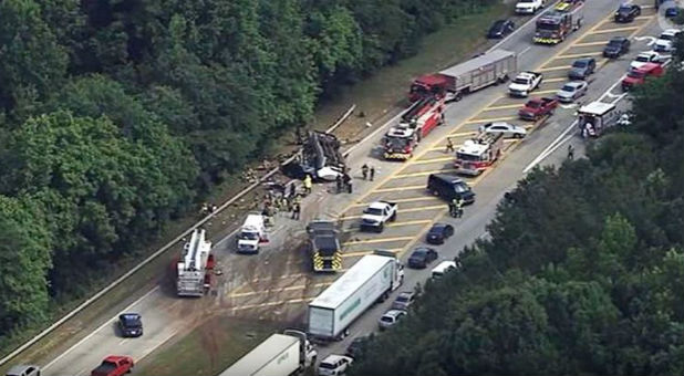 Parkway outside Atlanta filled with first responders helping victims of church bus accident.