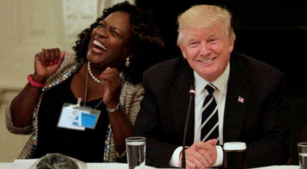 President Donald Trump and Fontana, California, Mayor Acquanetta Warren shared a laugh during introductions at the White House Infrastructure Summit on Thursday.
