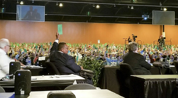 Messengers raise their ballots to approve a request by the Resolutions Committee to present a resolution on