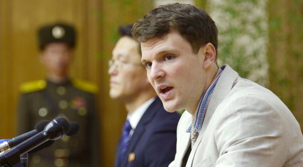 Otto Frederick Warmbier, a University of Virginia student who had been detained in North Korea since early January, attends a news conference in Pyongyang, North Korea, in this photo released by Kyodo February 29, 2016.