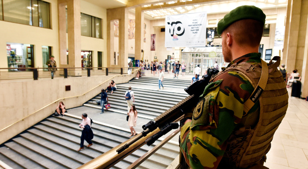 A Belgian soldier stands guard in Central Station in Brussels, Belgium.