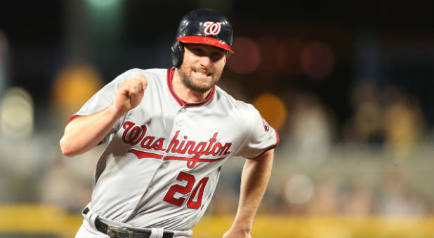 Washington Nationals second baseman Daniel Murphy (20) runs the bases on his way to scoring a run against the Pittsburgh Pirates during the seventh inning at PNC Park.
