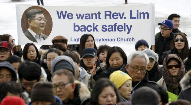 People take part in a demonstration for Canadian pastor Hyeon Soo Lim, who is being held in North Korea, on Parliament Hill in Ottawa, Canada, Feb. 17, 2016.