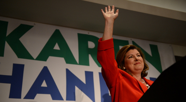 Karen Handel, Republican candidate for Georgia's 6th Congressional District, makes an appearance before supporters prior to giving her acceptance speech at her election night party at the Hyatt Regency at Villa Christina in Atlanta.