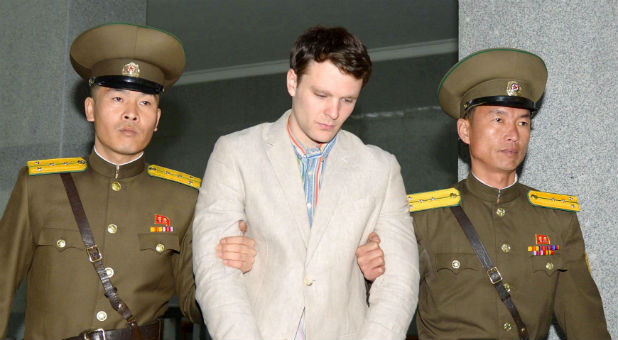 Otto Frederick Warmbier (C), a University of Virginia student who was detained in North Korea since early January, is taken to North Korea's top court in Pyongyang, North Korea.