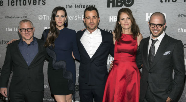 (L-R) Show creator Tom Perrotta, actors Liv Tyler, Justin Theroux and Amy Brenneman and show creator Damon Lindelof attend the NY Season Premiere of HBO's