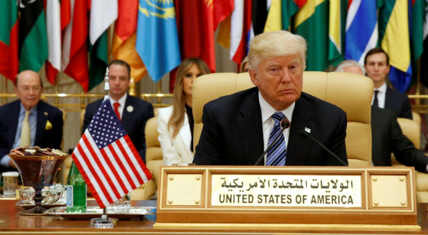 U.S. President Donald Trump takes his seat before his speech to the Arab Islamic American Summit in Riyadh, Saudi Arabia.