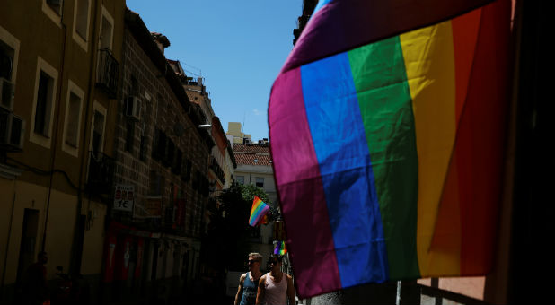 LGBT flags are displayed at Chueca quarter during World Pride in Madrid, Spain.