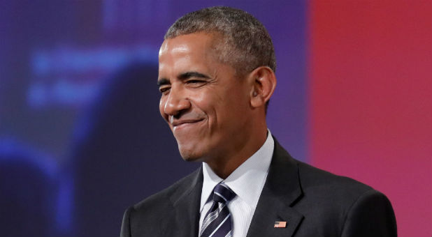 Former U.S. President Barack Obama winks after delivering his keynote speech to the Montreal Chamber of Commerce at the Palais de Congres in Montreal, Quebec, Canada.