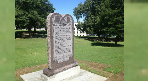 A statue of the Ten Commandments is seen after it was installed on the grounds of the state Capitol in Little Rock, Arkansas.