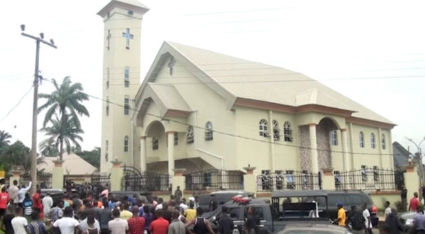 A still image taken from a video uploaded by CHANNELS TV on August 6, 2017, shows St. Philips Catholic Church in Anambra, Nigeria.