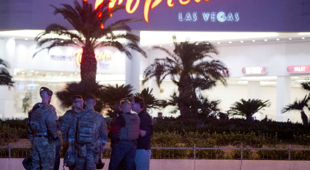 FBI agents confer in front of the Tropicana hotel-casino on Oct. 2, 2017, after a mass shooting during a music festival on the Las Vegas Strip in Las Vegas, Nevada.