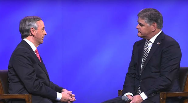 Sean Hannity, right, interviews Robert Jeffress.