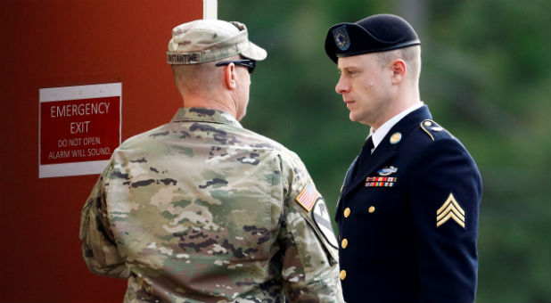 U.S. Army Sergeant Bowe Bergdahl (R) arrives at the courthouse.