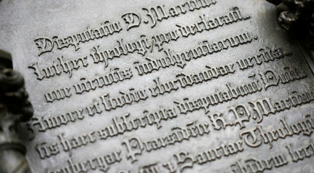 German theologian Martin Luther's theses door is pictured during the 500th anniversary of the Reformation at the Castle Church in Wittenberg.