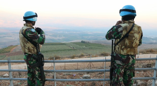 U.N. peacekeepers of the United Nations Interim Force in Lebanon (UNIFIL) are seen in Kfar Kila village near the Lebanese-Israeli border.