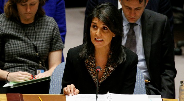 U.S. Ambassador to the United Nations Nikki Haley speaks during the United Nations Security Council meeting on the situation in the Middle East, including Palestine.