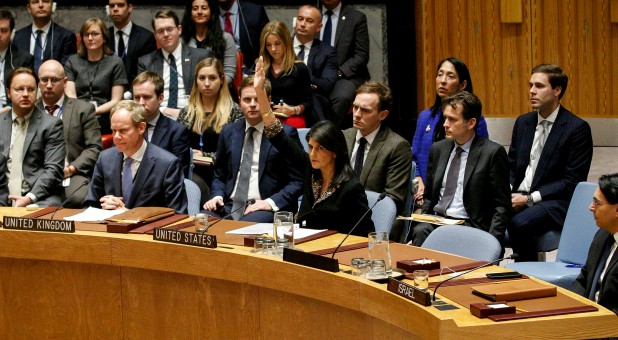 U.S. Ambassador to the United Nations Nikki Haley vetoes an Egyptian-drafted resolution regarding recent decisions concerning the status of Jerusalem,