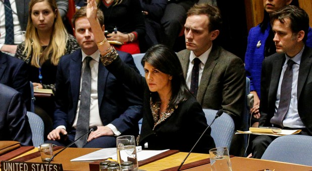 U.S. Ambassador to the United Nations Nikki Haley vetoes an Egyptian-drafted resolution regarding recent decisions concerning the status of Jerusalem.