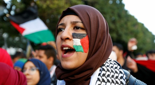 A Protester with the Palestinian flag painted on her face takes part during a protest against Trump's decision to recognize Jerusalem as the capital of Israel.