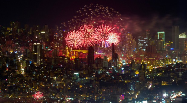 Fireworks explode in celebration of New Year's Day in Beirut, Lebanon.