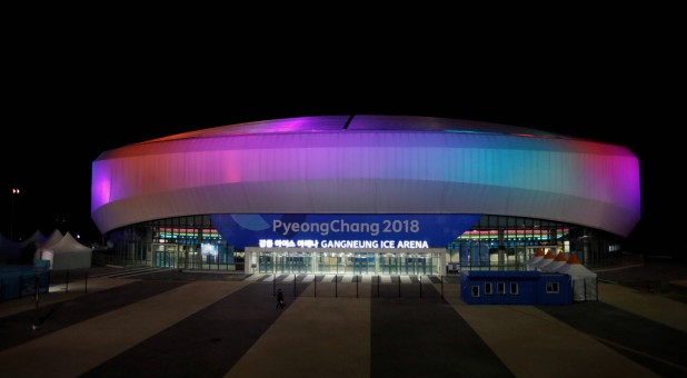 Gangneung Ice Arena is illuminated in Gangneung, South Korea.